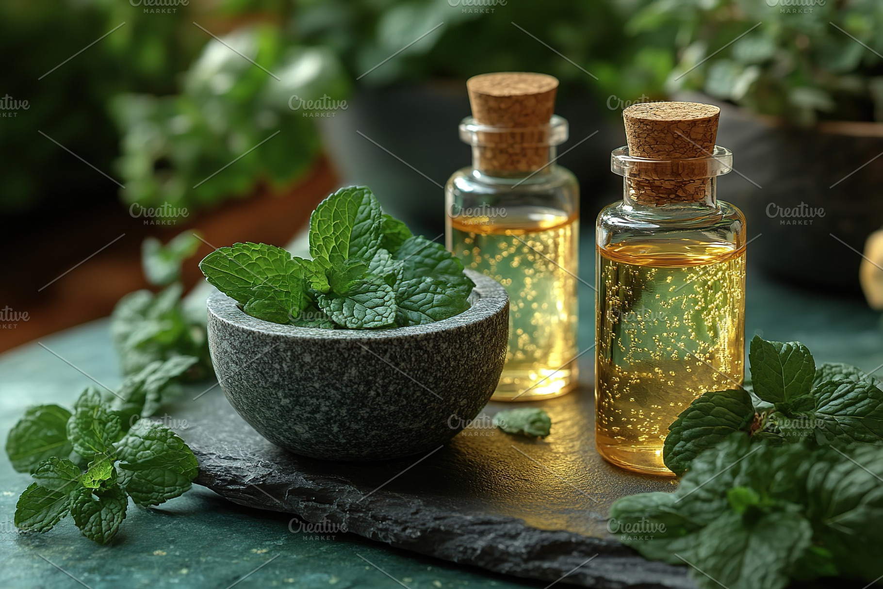 Small bottles of mint essential oil with mint leaves in mortar, a Health & Medical Photo by AlyaAnd
