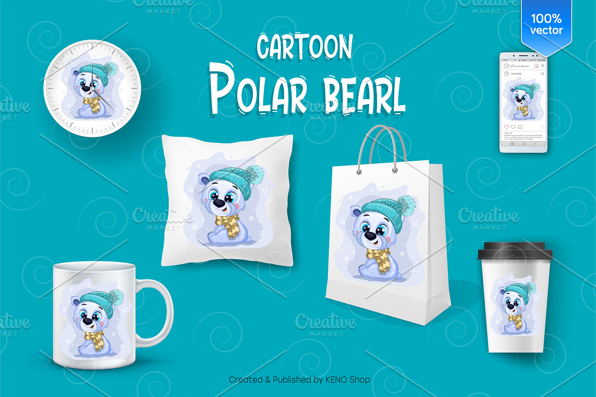 Cartoon polar bear. Tshirt, PNG., an Animal Illustration by KENO Mascots (Photo 3 of 5)