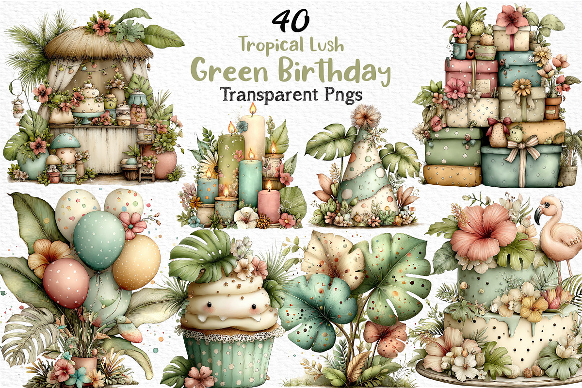 Tropical Lush Green Birthday Clipart, an Illustration by Craft Nest (Photo 1 of 12)