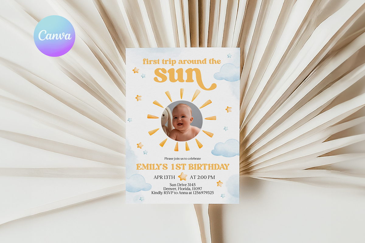 Sunshine First Birthday Photo Invite, a Templates & Theme by VeliusCreativeStudio (Photo 1 of 3)
