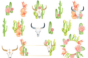 Watercolor Cactus And Skull Clipart