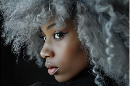 Confident Afro girl grey hair studio, a Person Photo by Ylivdesign