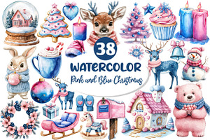 Pink and Blue Christmas Clipart, an Illustration by Dream Creation