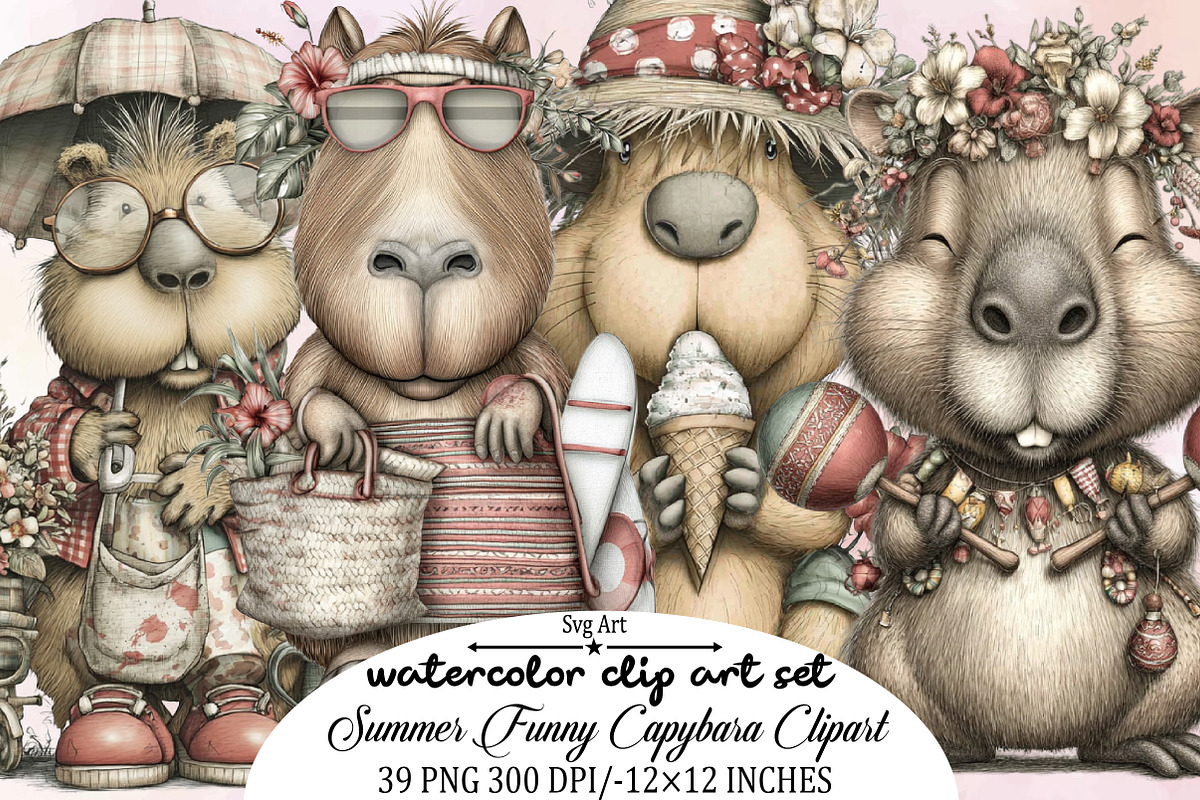 Summer Funny Capybara Clipart Bundle, an Illustration by SVGArt (Photo 1 of 9)