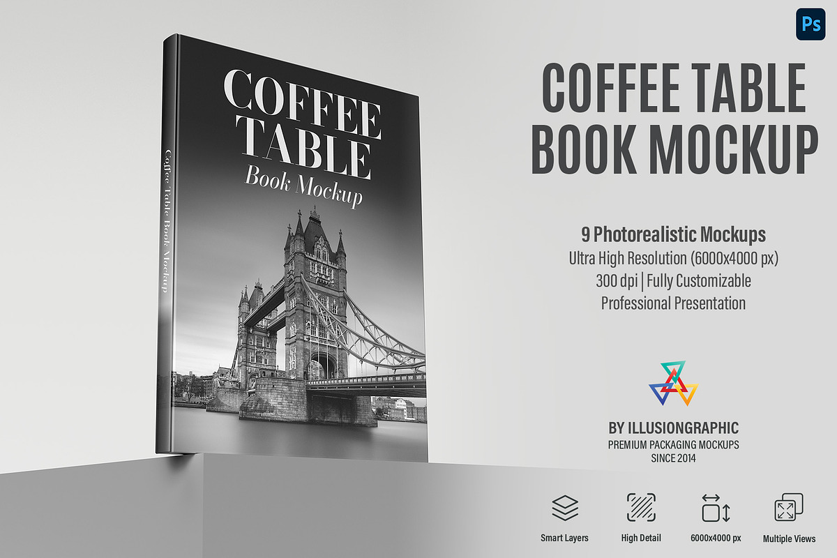 Coffee Table Book Mockup - 9 views, a Books & Magazine Mockup by Illusiongraphic (Photo 1 of 25)
