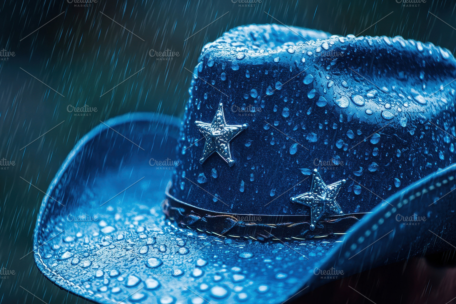 Blue cowboy hat drenched in rain, sh, a Photo by Tanuart