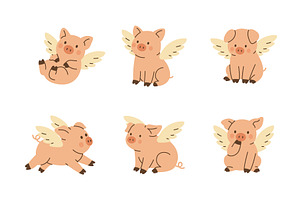 Cute flying pigs with white wings, an Animal Illustration by GraphiShop