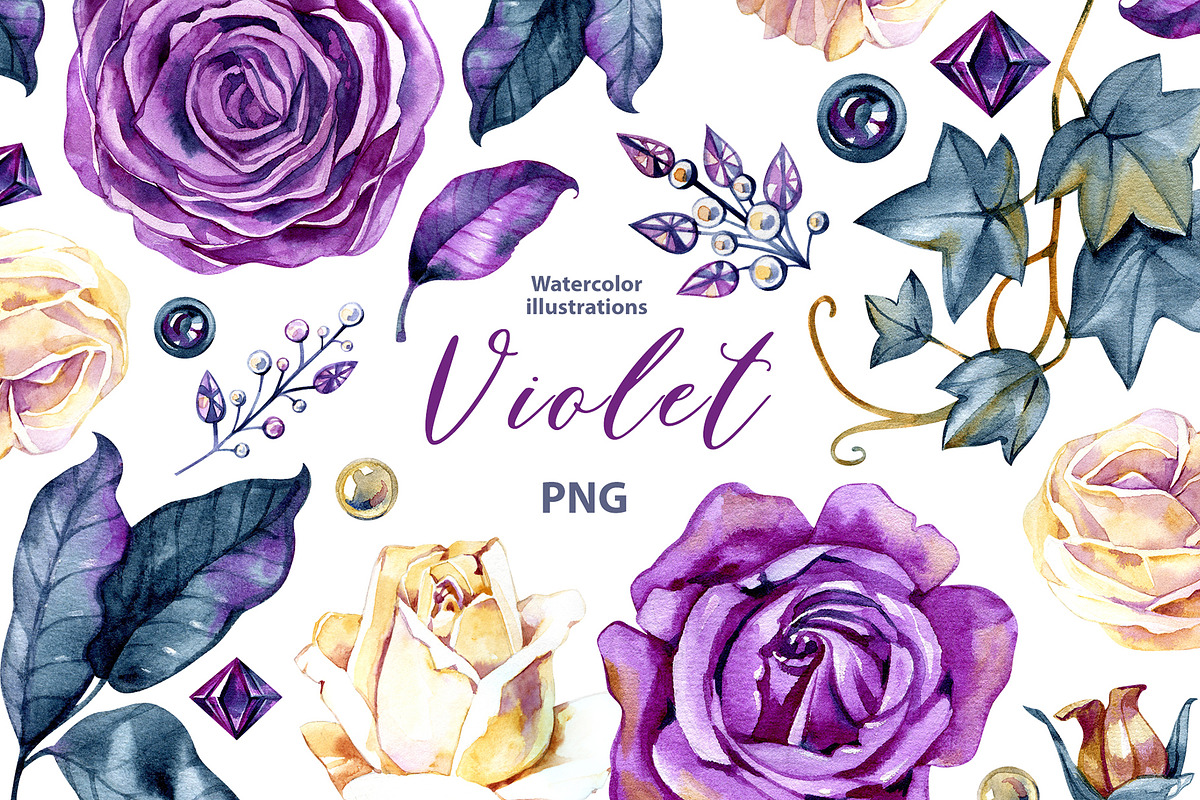 Watercolor violet roses and gems, a Decorative Illustration by NataliMiasStore (Photo 1 of 5)