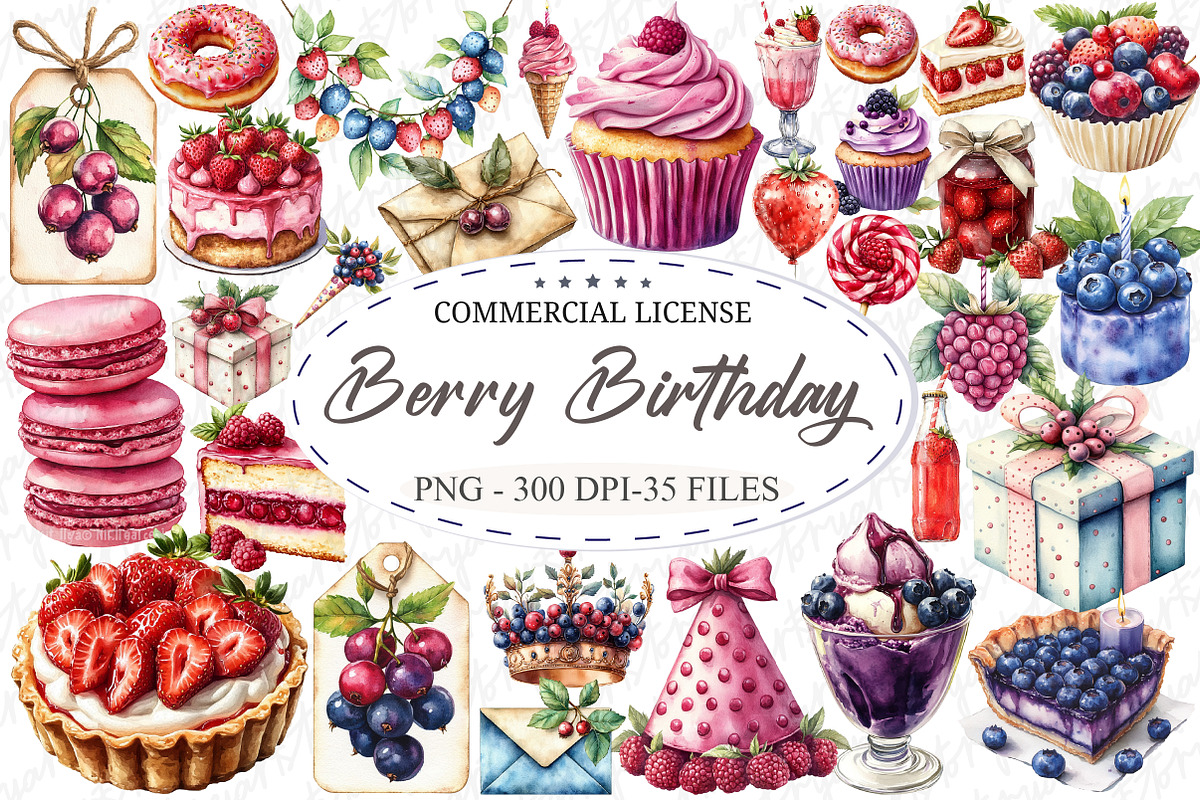 Berry Birthday Watercolor Clipart, an Illustration by designcity5 (Photo 1 of 5)