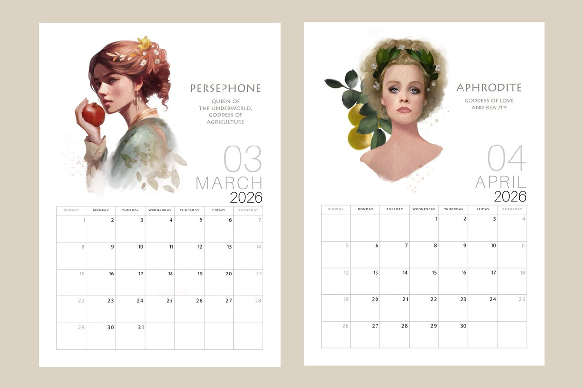 2026 Printable Calendar Goddesses, a Decorative Illustration by La Inspiratriz (Photo 2 of 8)