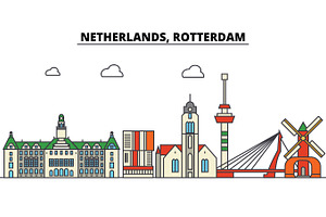 Netherlands, Rotterdam. City Skyline: Architecture, Buildings, Streets, Silhouette, Landscape, Panorama, Landmarks. Editable Strokes. Flat Design Line