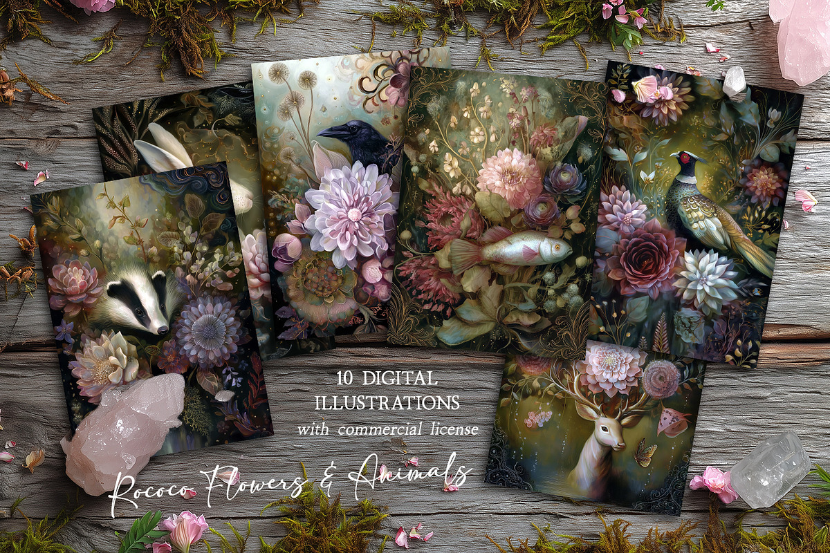 Rococo Flowers & Animals Postcards, an Animal Illustration by The Dutch Lady Designs (Photo 1 of 7)