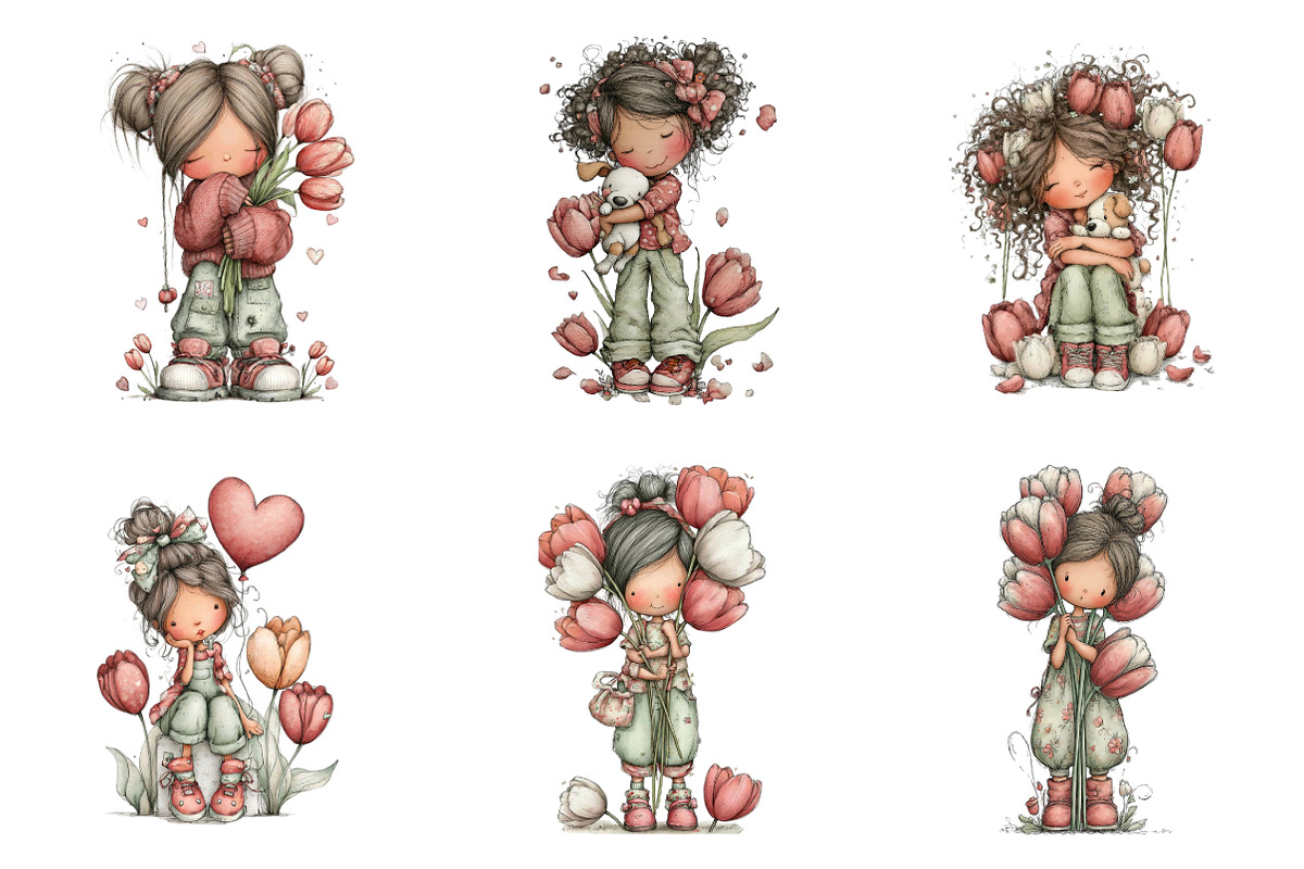Whimsical Girl With Tulips And Puppy, an Illustration by SinaCreation (Photo 4 of 11)