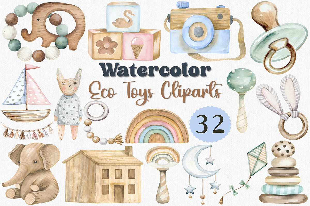 Watercolor Eco Toys Clipart Set, an Illustration by CropUp Creative (Photo 1 of 4)