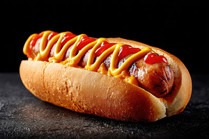 Grilled sausage hot dog with mustard and ketchup, a Food & Drink Photo by AlyaAnd