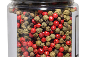 Transparent plastic jar with black lid filled with mixed multico, a Food & Drink Photo by ndanko