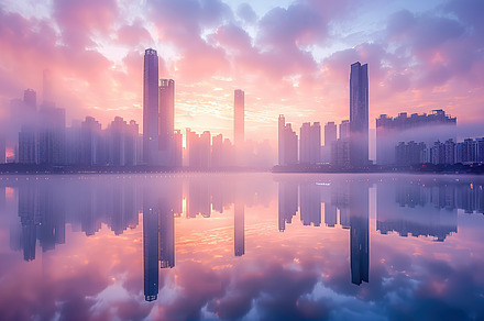 A tranquil city skyline at sunset re, a Photo by LOGOCREATIVE
