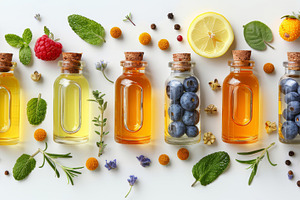 Assorted Essential Oils and Ingredients Including Fruits, Herbs, and Spices on, a Photo by AS photostudio
