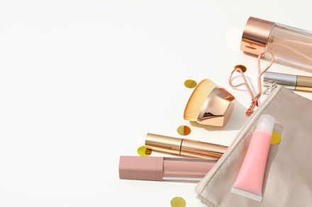 Concept of female accessories, different cosmetics, space for te, a Beauty & Fashion Photo by AtlasStudio PRO