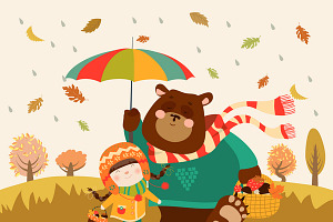 Girl And Bear Walking Under Umbrella