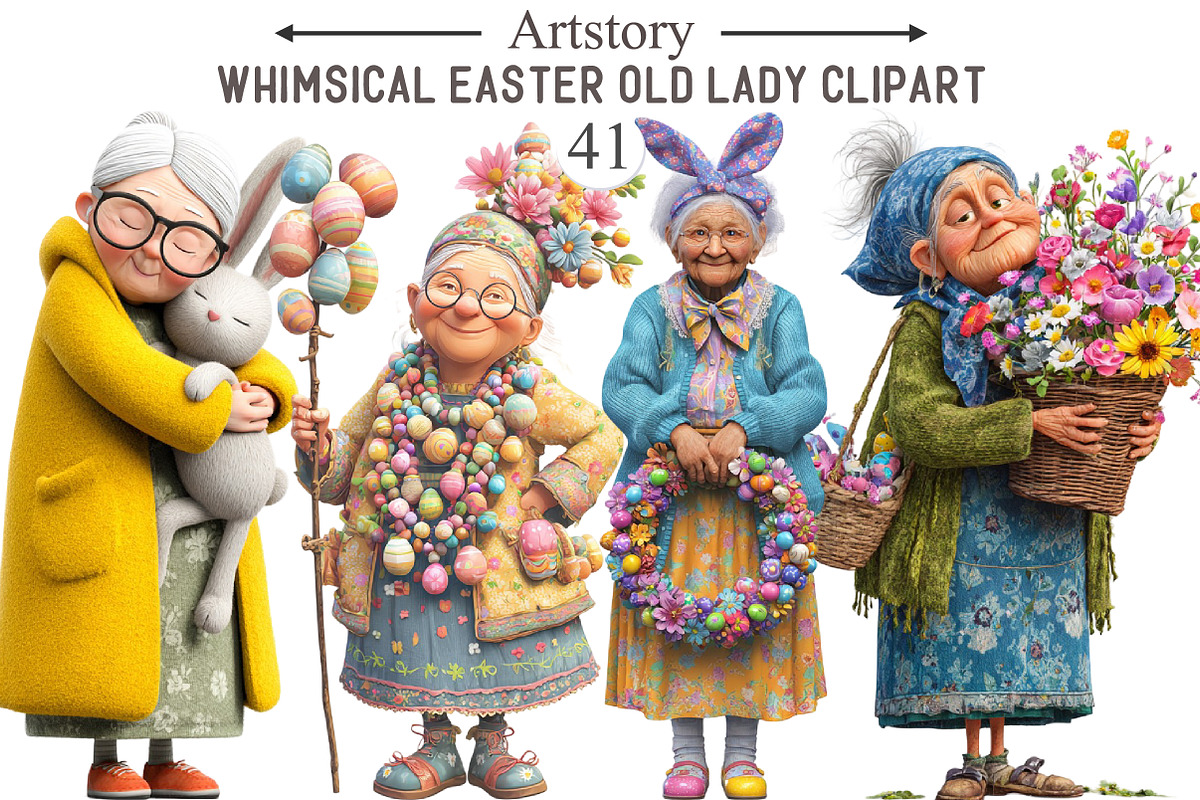 Whimsical Easter Old Lady Clipart, an Illustration by designcity5 (Photo 1 of 5)