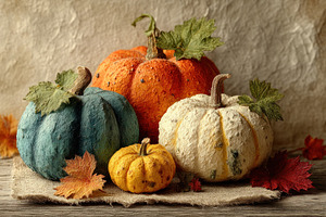 Colorful textured pumpkins with autumn leaves on rustic fabric a, a Food & Drink Photo by José Manuel Gelpi