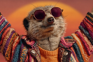 Stylish meerkat wearing colorful retro sweater and round sunglas, an Animal Photo by José Manuel Gelpi