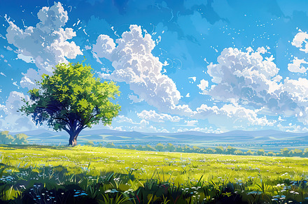 Lush green field under blue skies wi, a Photo by LOGOCREATIVE