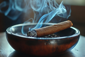 Brown smoking cigar with ashtray on wooden table, a Photo by AlyaAnd