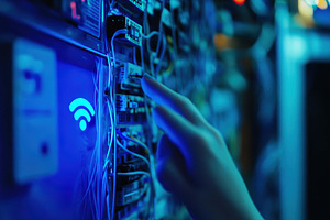 Hand interacting with server equipme, a Photo by Tanuart