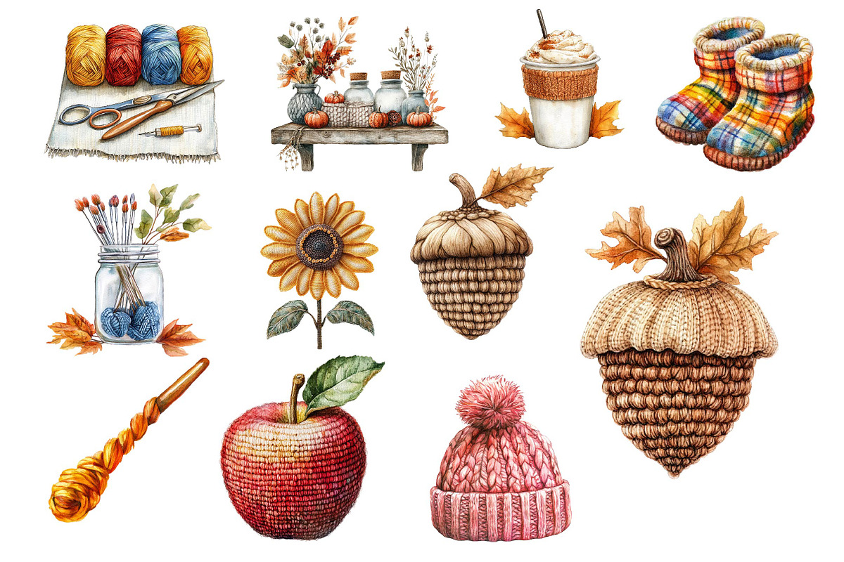 Watercolor Crochet Autumn Clipart, an Illustration by Dream Creation (Photo 4 of 4)