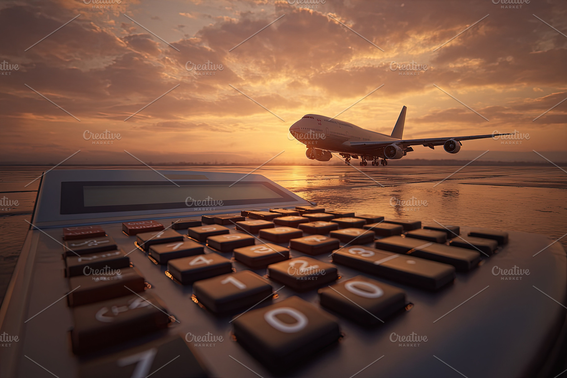 Large commercial airplane on runway at sunset with calculator in, a Transportation Photo by Ales Munt