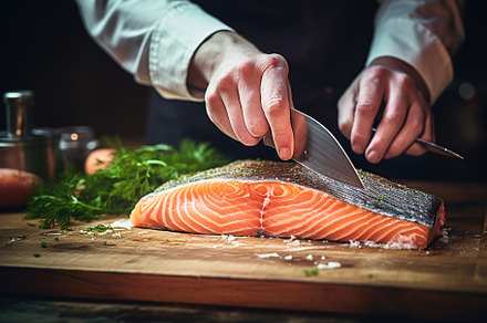 Chef cooking fresh salmon with knife on wooden board, a Food & Drink Photo by AlyaAnd