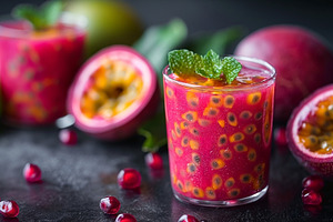 Refreshing pink passion fruit drink garnished with mint leaves,, a Food & Drink Photo by ImageMir