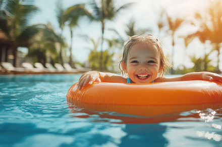 Happy little girl in a swimming pool, a Photo by Pavel_design