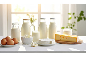 Dairy products and eggs arranged in, a Food & Drink Photo by Igor Tichonow