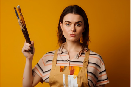 Female artist holding brushes, a Person Photo by Ylivdesign