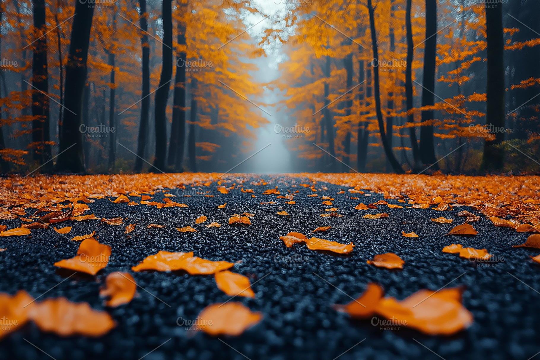 Autumn scene featuring a foggy road surrounded by trees with vibrant orange lea, a Background Photo by ImageMir