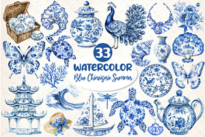 Blue Chinoiserie Summer Clipart, an Illustration by Dream Creation