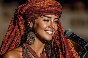 Smiling Arab Woman in Colorful Headscarf Singing into a Microphone, a Photo by AS photostudio