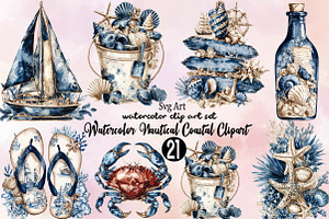 Watercolor Nautical Coastal Clipart, an Illustration by SVGArt