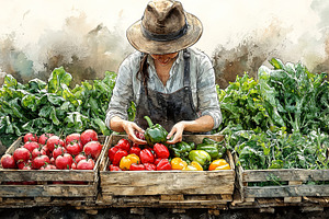 Farmer arranging fresh vegetables at a market stall, a Photo by AS photostudio