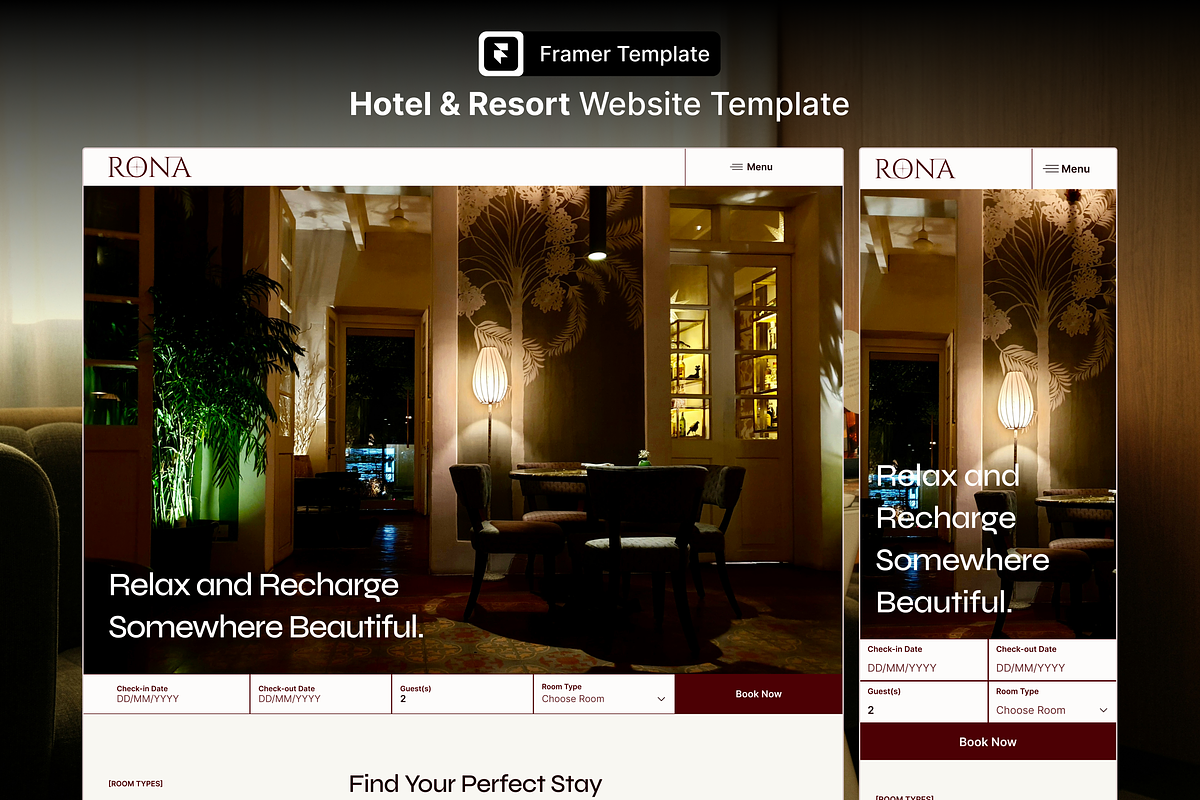 Hotel Website Framer Template, an UI Kit Template by Rozepaars Design (Photo 1 of 5)