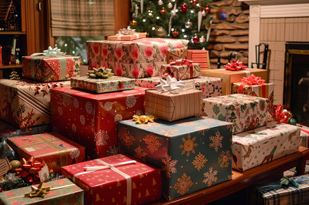 Brightly wrapped presents in various, a Photo by Tanuart