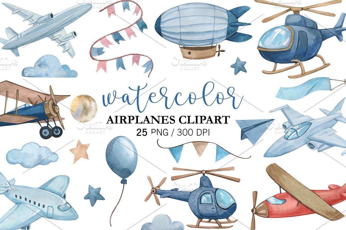Watercolor Airplanes Clipart, a Transportation Illustration by PatternPalette (Photo 1 of 2)