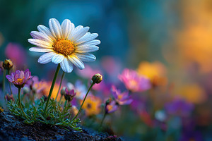 White daisy in a colorful flower fie, a Photo by Pixeness Studio
