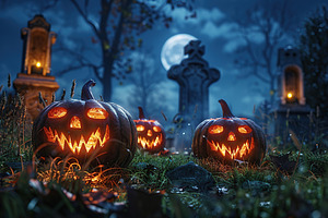 Glowing Jack O Lantern halloween pumpkin on spooky dark background, a Holiday Photo by AlyaAnd