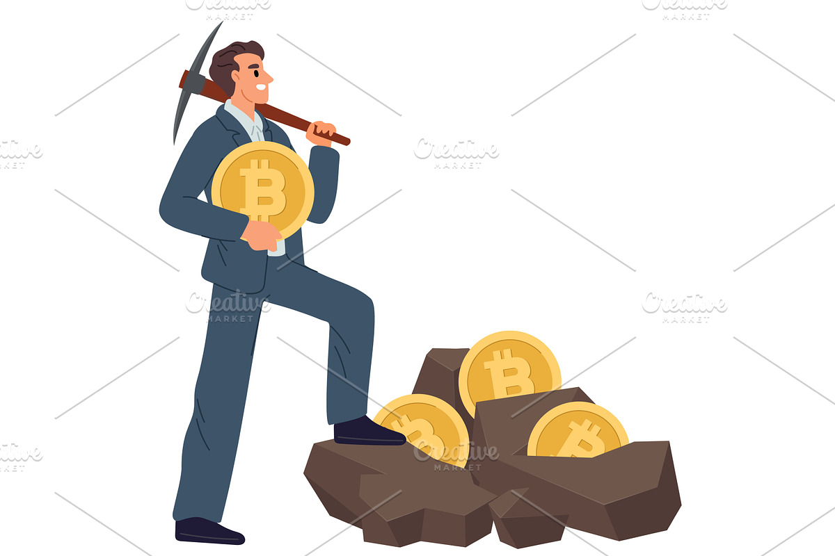 Businessman with pickaxe and bitcoin, a Finance Illustration by Vectorbuum