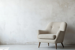 Soft armchair near blank wall with sun rays, a Photo by AlyaAnd