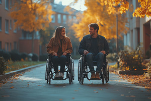 Couple in wheelchairs enjoying a str, a Photo by Tanuart